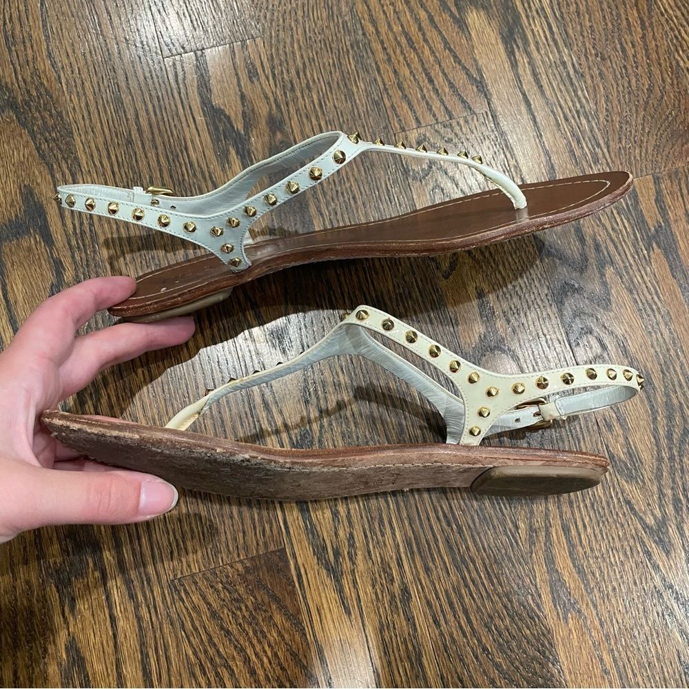 PRADA White Patent Leather Gold Studded Sandals - Picture 11 of 14